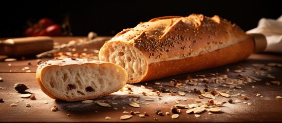 Poster - A copy space image of a freshly baked wheat baguette loaf with crumbs and seeds being sliced showcasing its wholesome appeal and healthy qualities