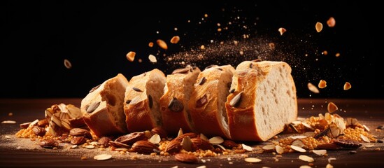 Poster - A copy space image of a freshly baked wheat baguette loaf with crumbs and seeds being sliced showcasing its wholesome appeal and healthy qualities