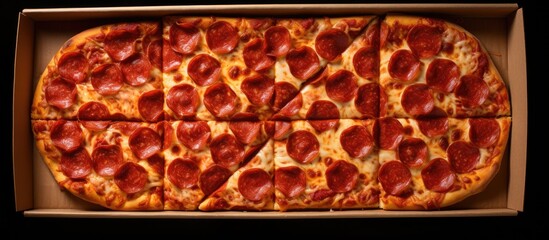 Poster - A copy space image of pepperoni pizza slices neatly arranged inside a paper box
