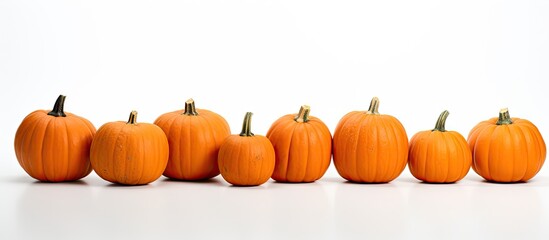 Poster - A bunch of identical orange pumpkins is displayed on a white background creating a Halloween themed copy space image