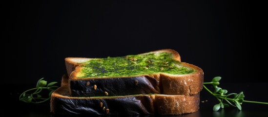 Wall Mural - A copy space image depicts toasted bread topped with fresh green avocado on a textured black surface