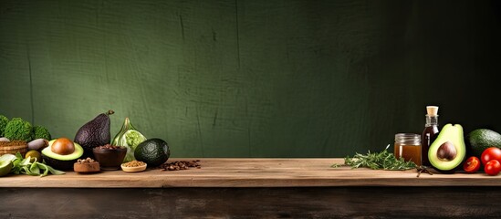 Poster - A copy space image featuring a wooden table adorned with the essential ingredients for guacamole such as avocados salt pepper lemon spices and whole grain bread for toasting or making sandwiches