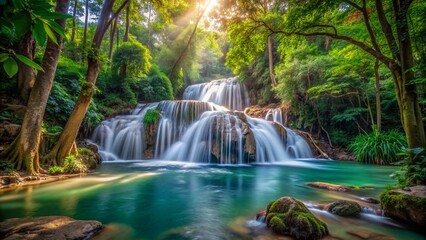 Panoramic beautiful deep forest waterfall in Thailand