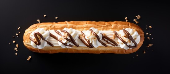 Wall Mural - A cream filled eclair is seen from above in a photo with ample space for additional elements emphasizing its sweetness and inviting quality