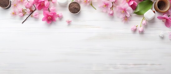 Poster - A copy space image with cosmetics and spring flowers placed on a white wooden background