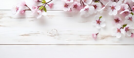 Poster - A copy space image with cosmetics and spring flowers placed on a white wooden background