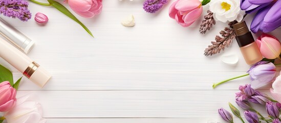 Poster - A copy space image with cosmetics and spring flowers placed on a white wooden background