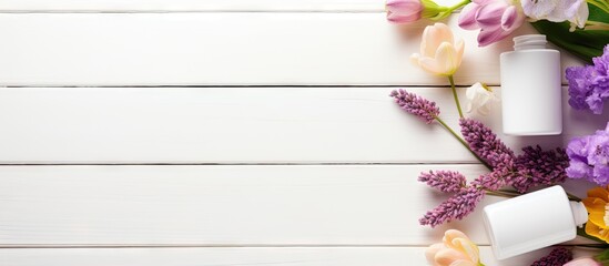 Poster - A copy space image with cosmetics and spring flowers placed on a white wooden background