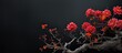 A festive background with a black color hosts an image of a cut tree and vibrant chrysanthemum flowers There is also ample space for text on the image