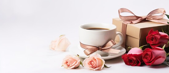 Poster - A copy space image of a gift box adorned with lovely roses accompanied by a cup of coffee against a white background