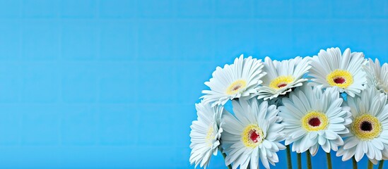 Aufkleber - A beautiful bouquet of Gerbera flowers displayed against a vibrant blue backdrop creating an ideal copy space image for design purposes