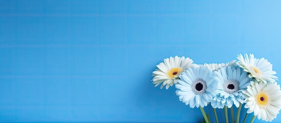 Aufkleber - A beautiful bouquet of Gerbera flowers displayed against a vibrant blue backdrop creating an ideal copy space image for design purposes