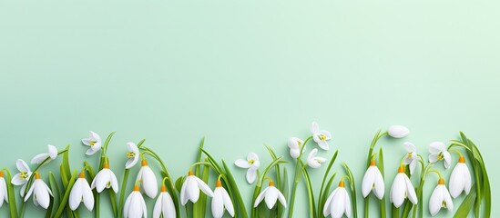 Poster - A beautiful copy space image featuring white snowdrop flowers on a colorful background arranged in a creative layout that represents the minimal concept of spring