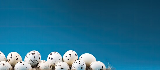 Poster - A blue background with white feathers adorned by quail eggs creates an Easter themed copy space image