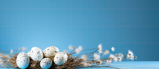 Poster - A blue background with white feathers adorned by quail eggs creates an Easter themed copy space image