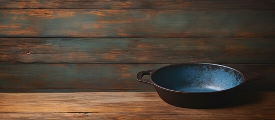 Poster - A cast iron frying pan with a non stick coating sits on a wooden table creating a captivating contrast against the rustic backdrop. with copy space image. Place for adding text or design