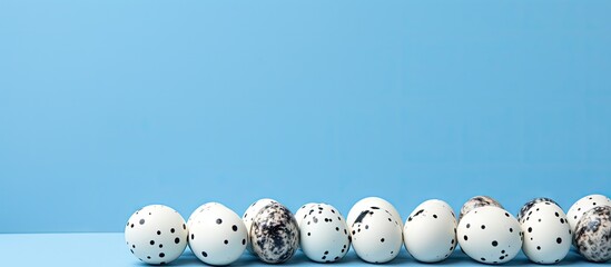 Poster - A blue background with white feathers adorned by quail eggs creates an Easter themed copy space image