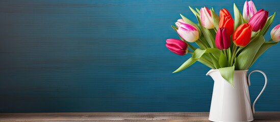 Wall Mural - A decorative jug filled with vibrant tulips and a greeting card celebrating Women s Day rest on the kitchen counter beside a colorful wall creating a visually appealing copy space image