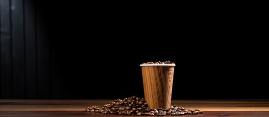 Aufkleber - A disposable crafting cup filled with coffee grains sits on a wooden table providing ample copy space The cup is placed against a black background creating a mockup display