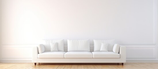 A contemporary sofa positioned beside a pristine white wall offering a blank area for displaying images or text. with copy space image. Place for adding text or design