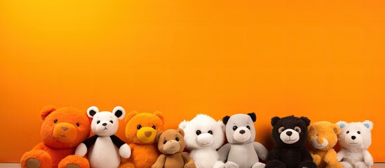 Poster - A copy space image of adorable plush animals arranged against a vibrant orange backdrop