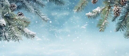 Aufkleber - A Christmas and New Year card with a copy space image featuring pine needle branches on a vintage snowy blue background creating a festive atmosphere Merry Christmas