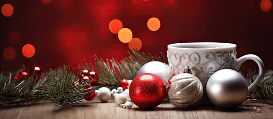 Aufkleber - A festive cup holds silver and red Christmas decoration balls set against a background of a Christmas fir tree Copy space image