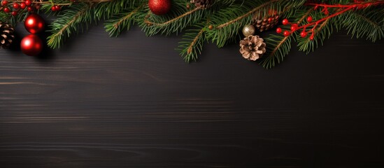 Poster - A festive Christmas background featuring a top view of fir branches adorned with Christmas decorations Ample copy space is available for text
