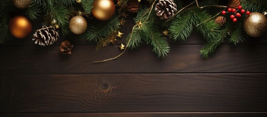 Poster - A festive Christmas background featuring a top view of fir branches adorned with Christmas decorations Ample copy space is available for text