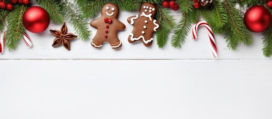 Aufkleber - A festive Christmas arrangement with a gift gingerbread man fir branches and candy canes on a white wooden background Seen from above there is plenty of copy space for placement and the objects are a