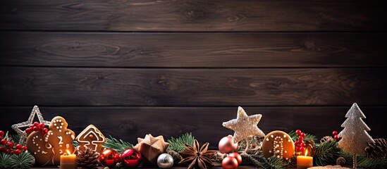Aufkleber - A festive Christmas themed wooden background adorned with delightful gingerbread cookies presents lush fir tree branches and festive decorations Ample space for adding your own content