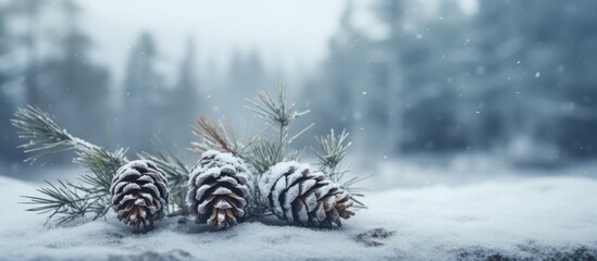 Poster - A copy space image showcasing spruce cones on a bleak and overcast day with a hint of snow covering the ground