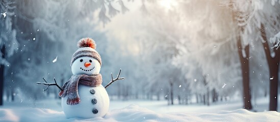 Poster - A comical snowman crafted from snow and branches stands in a public park with ample copy space for an image