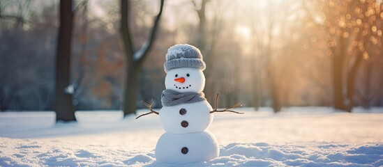Poster - A comical snowman crafted from snow and branches stands in a public park with ample copy space for an image