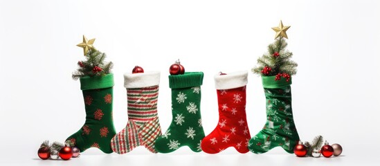 Poster - A copy space image showing Christmas boots socks and a fir tree against a white background