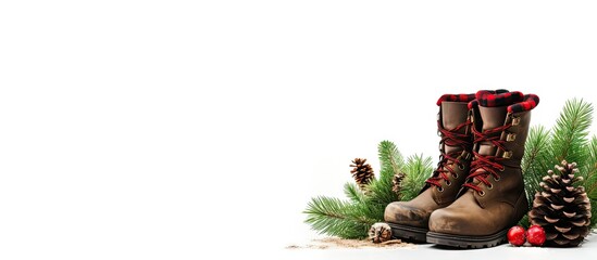 Fototapete - A copy space image showing Christmas boots socks and a fir tree against a white background