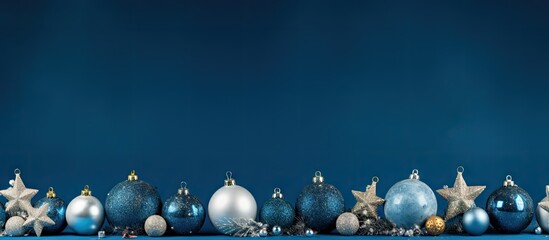 A festive display of Christmas decorations arranged on a blue background accompanied by copy space for additional images or text