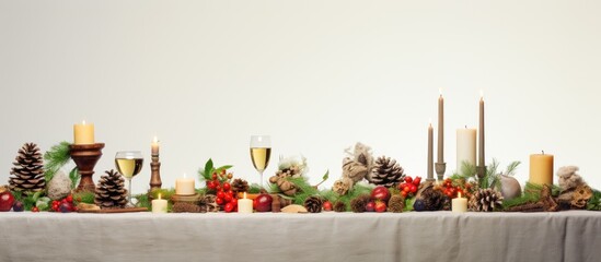 Aufkleber - A festive Christmas table arrangement on a clean white backdrop with abundant space available for adding text. with copy space image. Place for adding text or design