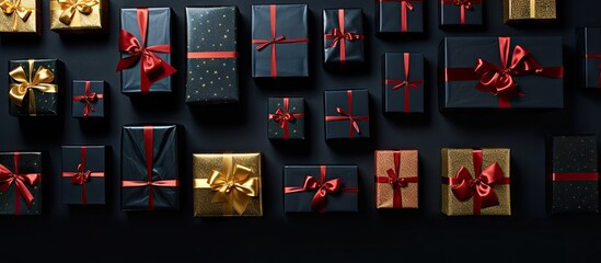 Aufkleber - A Christmas themed image featuring gift boxes arranged in a top down view on a black background providing ample room for additional content