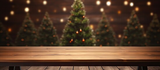 Aufkleber - A copy space image of a wooden table mockup sits amidst a cozy background filled with home plants and a beautiful Christmas tree on a wooden backdrop