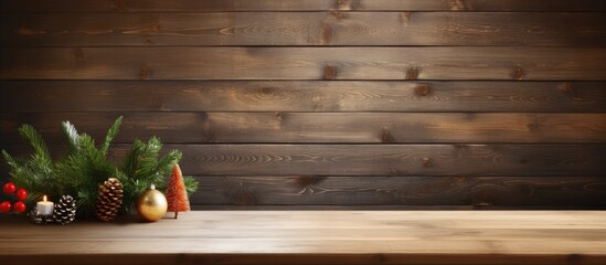 Aufkleber - A copy space image of a wooden table mockup sits amidst a cozy background filled with home plants and a beautiful Christmas tree on a wooden backdrop