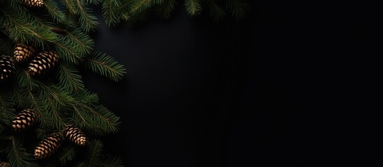 Poster - A Christmas spruce branch on a white background with ample copy space for creative use showcasing a festive Christmas border and composition in a visually appealing flat lay