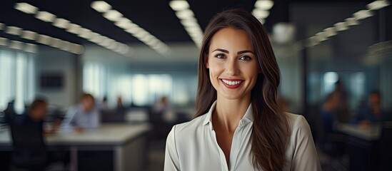 A cheerful office lady with a pleasant smile perfectly captured in a photograph with plenty of copy space