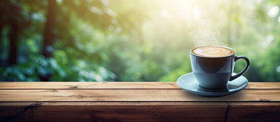Aufkleber - A cup of coffee on a wooden table in the workplace representing the concept of working outside the office. with copy space image. Place for adding text or design