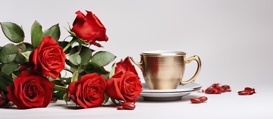 Aufkleber - A copy space image featuring a cup of coffee on a clean white background adorned with roses