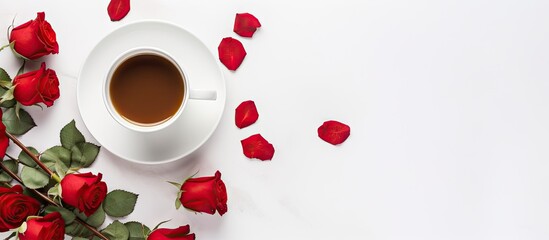 Aufkleber - A copy space image featuring a cup of coffee on a clean white background adorned with roses