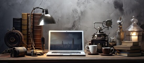 Poster - A contemporary designer s workspace featuring a laptop computer and an antique camera with available copy space for additional elements