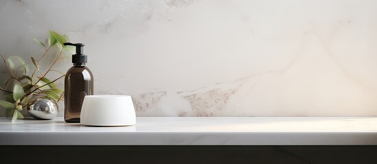 Aufkleber - A copy space image showing an empty marble top table against a blurred bathroom interior backdrop making it ideal for creating product display montages