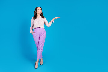 Sticker - Full length photo of attractive senior woman look hold empty space dressed stylish formalwear clothes isolated on blue color background