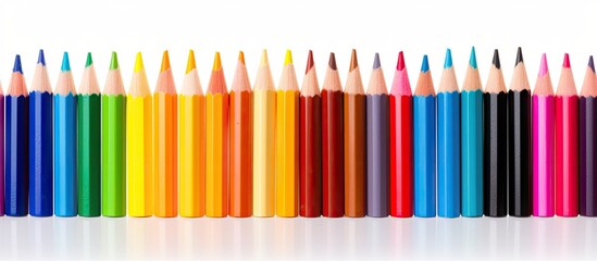 Poster - A colorful border of pencils is seen isolated on a white background forming a banner with copy space It features various drawing tools and supplies in multiple hues
